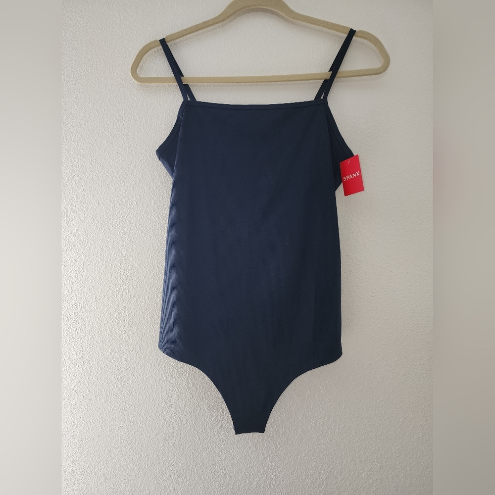 NWT SPANX ribbed cami thong bodysuit sizeL color Spring Navy